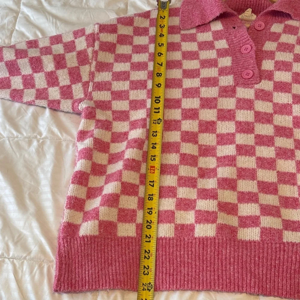 BiBi Pink and White Checkered V-Neck Button-Collar Sweater